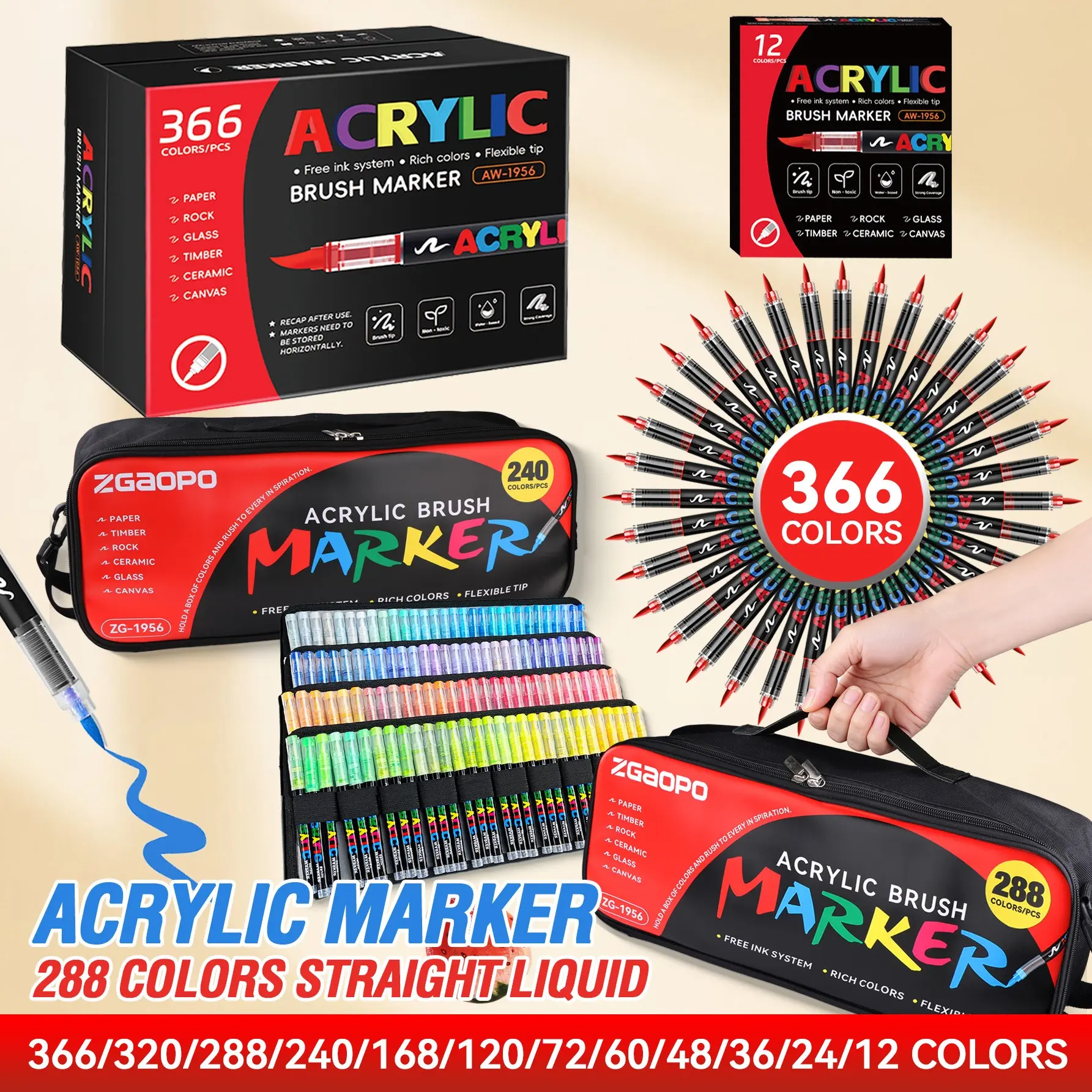 12-366 Color Liquid Soft Tip Acrylic Markers Set, No Press Student Drawing Graffiti Pens, Non-Diluted Colors, Ideal for Calligraphy Cards