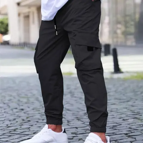Men's Solid Drawstring Waist Cargo Pants, Casual Cargo Style, Regular Fit Casual Pocket Trousers for Spring & Fall, Fashion Men's Bottoms for Daily Wear, Casual Sporty Trousers, Casual Chic Trousers, Casual Sports Pants