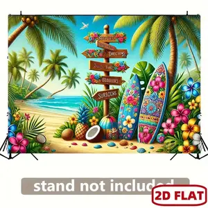 1pc Vibrant Hawaiian 2D Flat Tropical Beach Paradise Polyester Background Cloth, Featuring Surfboards, Coconut Palm Trees, Seashells - Large Textile Party Decoration