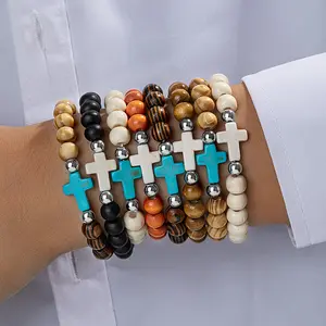 8pcs Unisex Bohemian Wooden Bead Cross Bracelet Set, Colorful Patterned, Multi-Layer Stackable Fashion Costume Jewelry Bracelets