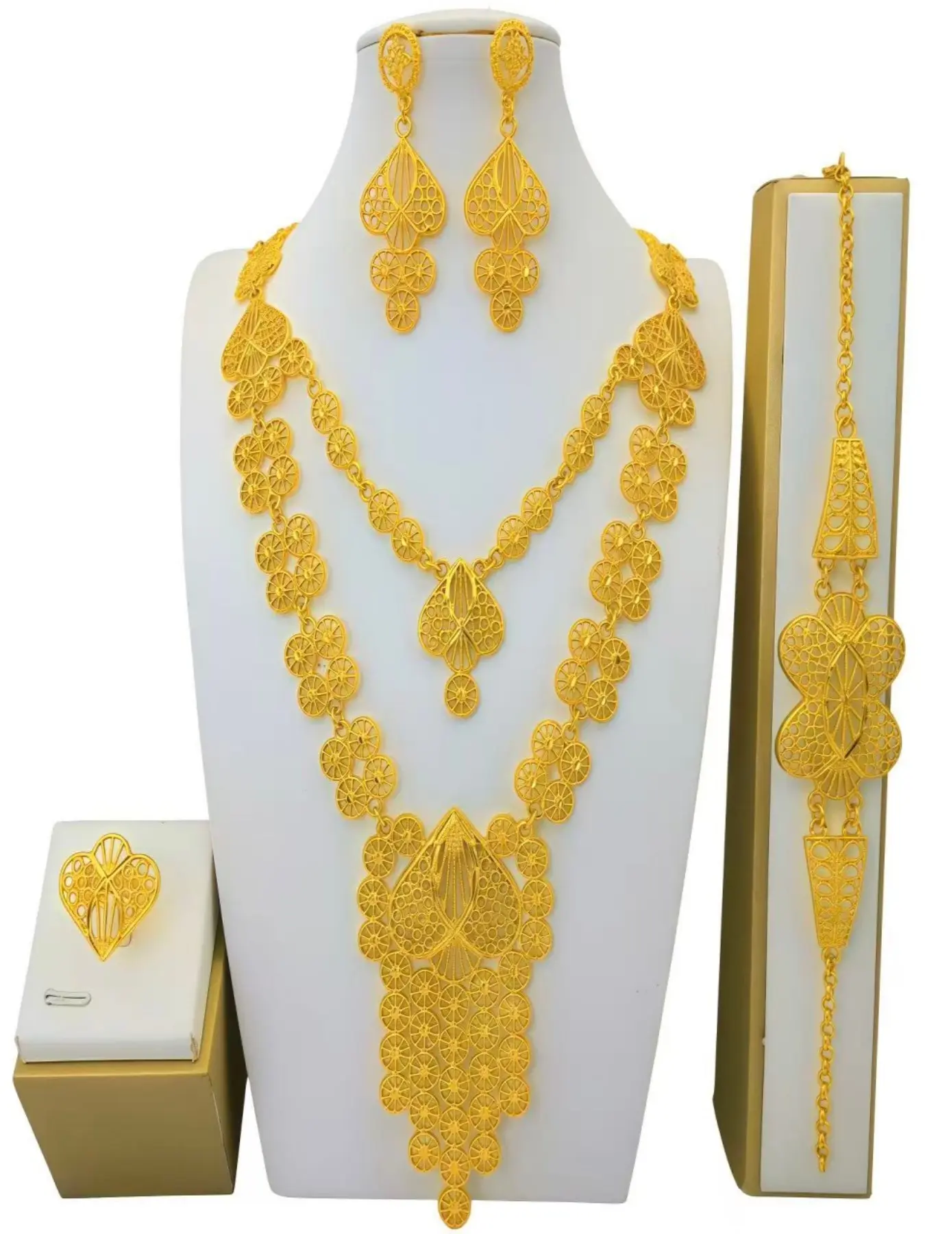 Luxurious Dubai Bestseller Bride Four-Piece Wedding Jewelry Set, Boho Style Gold Plated Chain, All Seasons Bridal Accessories, Bridal Sets, Bridal Jewelry Set For Wedding