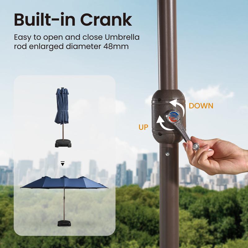 【Solar Lights Umbrella & Table】Ovios 15ft Double-Sided Patio Solar Lights Umbrella with 25" Coffee Table , Outdoor Large Umbrellas with Crank Handle and 36 LED Lights, Rectangular Market Umbrella with Base Included for Deck Pool Shade