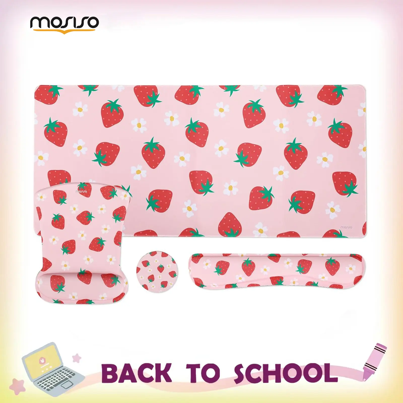 MOSISO Desk Pad Mat Keyboard Mouse Pad Set,Large Gaming Mouse Pad&Keyboard Wrist Rest&Mouse Pad with Wrist Rest&Coaster,Ergonomic Non-Slip Mousepad with Memory Foam for Home Office, Strawberry&Flower