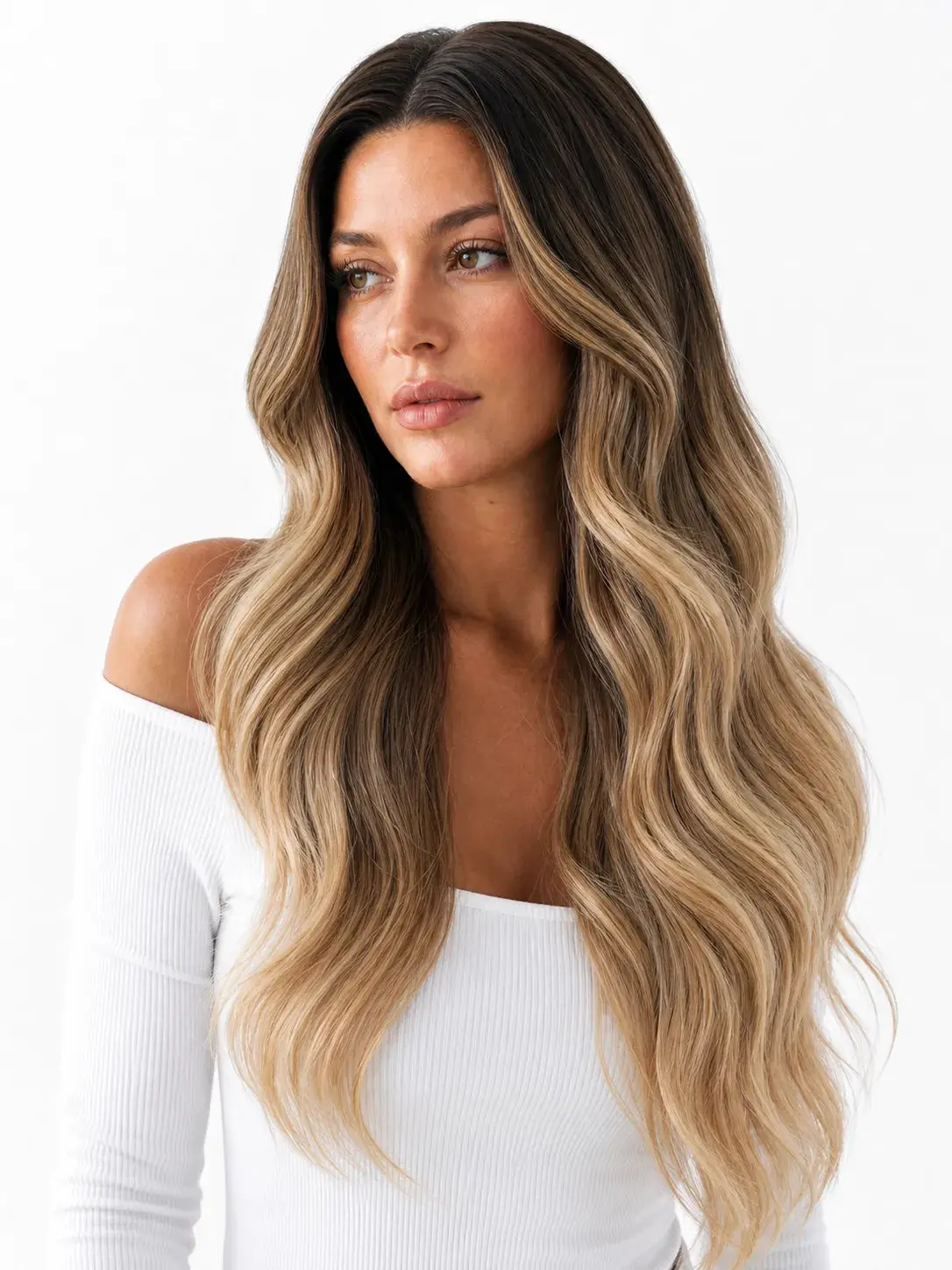 Women's Long Body Wave Lace Front Synthetic Wig - Amber Brown with Highlights/Lowlights, Brown Highlight Wig, Body Wave Wig, Hip Style