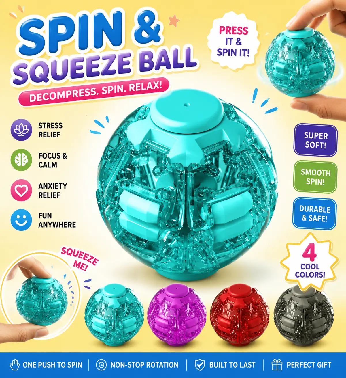 Press & Spin Fidget Stress Ball – 360° Rotating Sensory Desk Toy for Anxiety & ADHD Relief | Teens & Adults