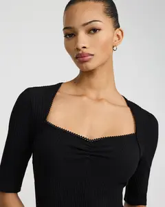 Express Ribbed Pointelle Sweetheart Elbow Sleeve Tee