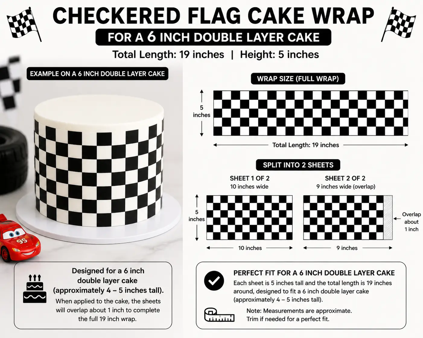 Edible Wafer Paper Checkered Flag Cake Decor Wrap, 6-in Double Layer Cake Decor Set, Smooth