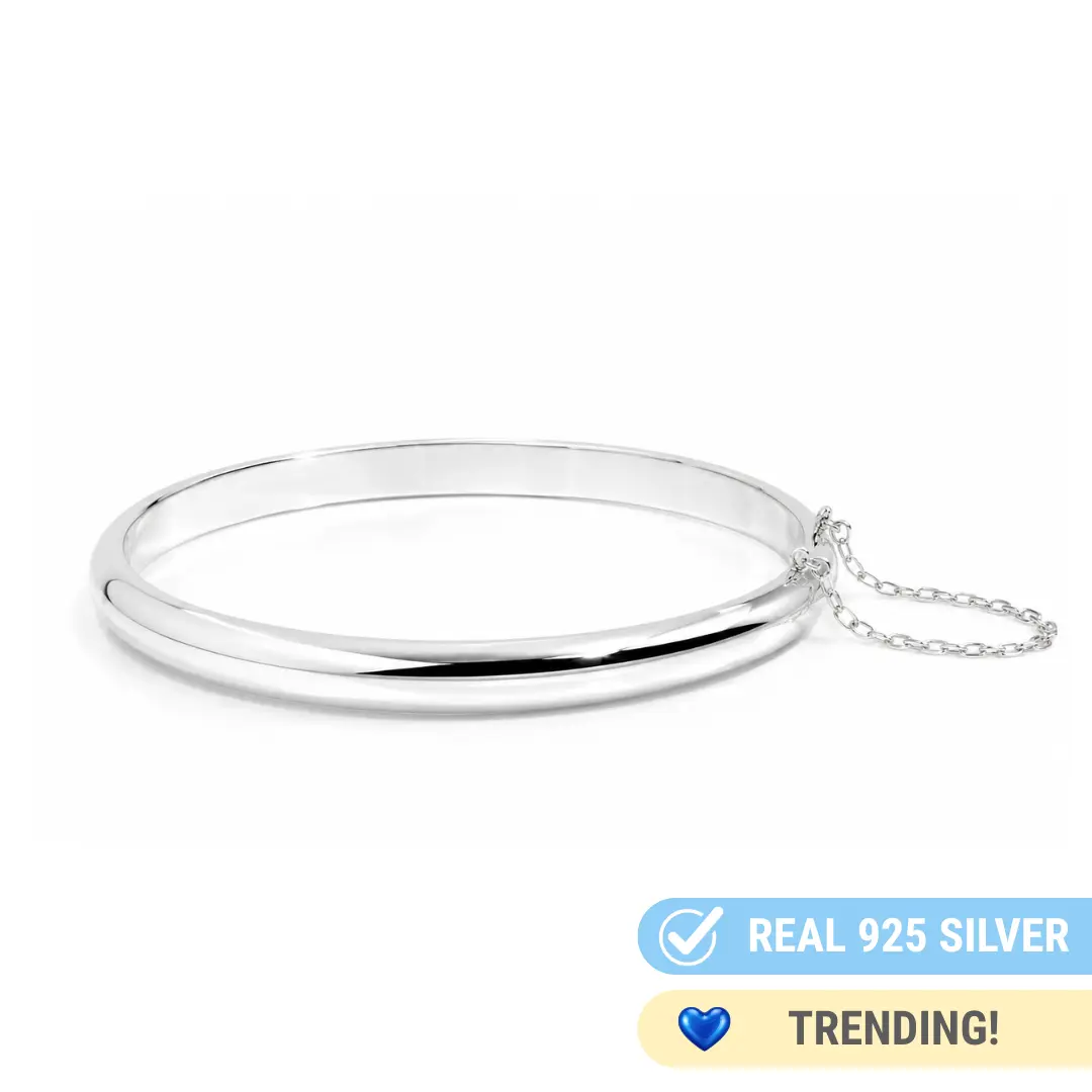 925 STERLING SILVER HIGH POLISH ROUNDED CHUNKY BANGLE BRACELET -7MM