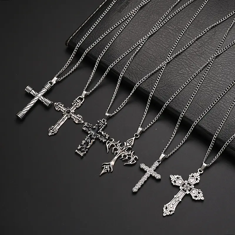 Layered Chain Necklaces with Gothic Cross Pendant, Stainless Steel Religious Design Jewelry for Teens, Edgy Unisex Punk Fashion Accessory, Gothic Necklaces, Cross Emblem Necklaces