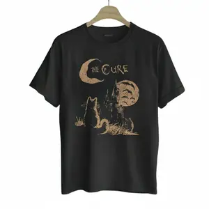 The Cure Cat Tee, 90s Alt Indie Rock, Unisex shirt, Music Gifts, Cat Lover Gifts, The Cure Fan Gifts, The Cure Graphic Tee - Menswear & Womenswear Tops - Casual Cotton Crewneck Short Sleeve Fitted Tshirt