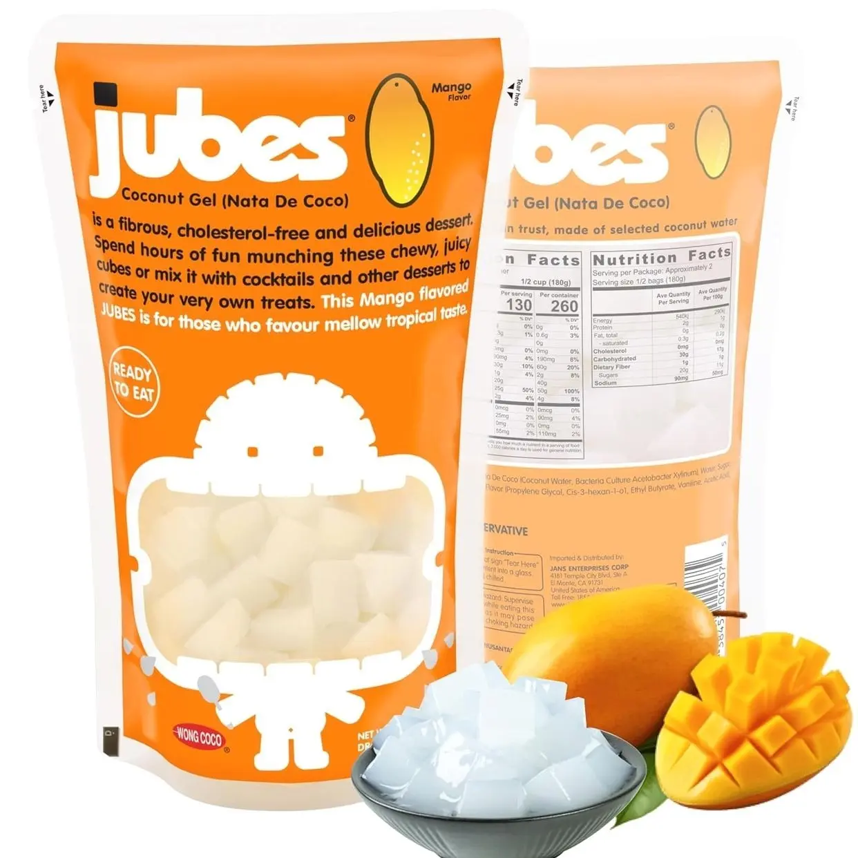 Jubes Mango Nata De Coco Jelly Cubes 12.7 oz - Mango Coconut Jelly Cubes for Sago - Coconut Gel in Syrup Toppings for Fruit Tea, Boba, Bubble Tea, Drinks, Desserts Yogurt, Ice Cream, Beverage