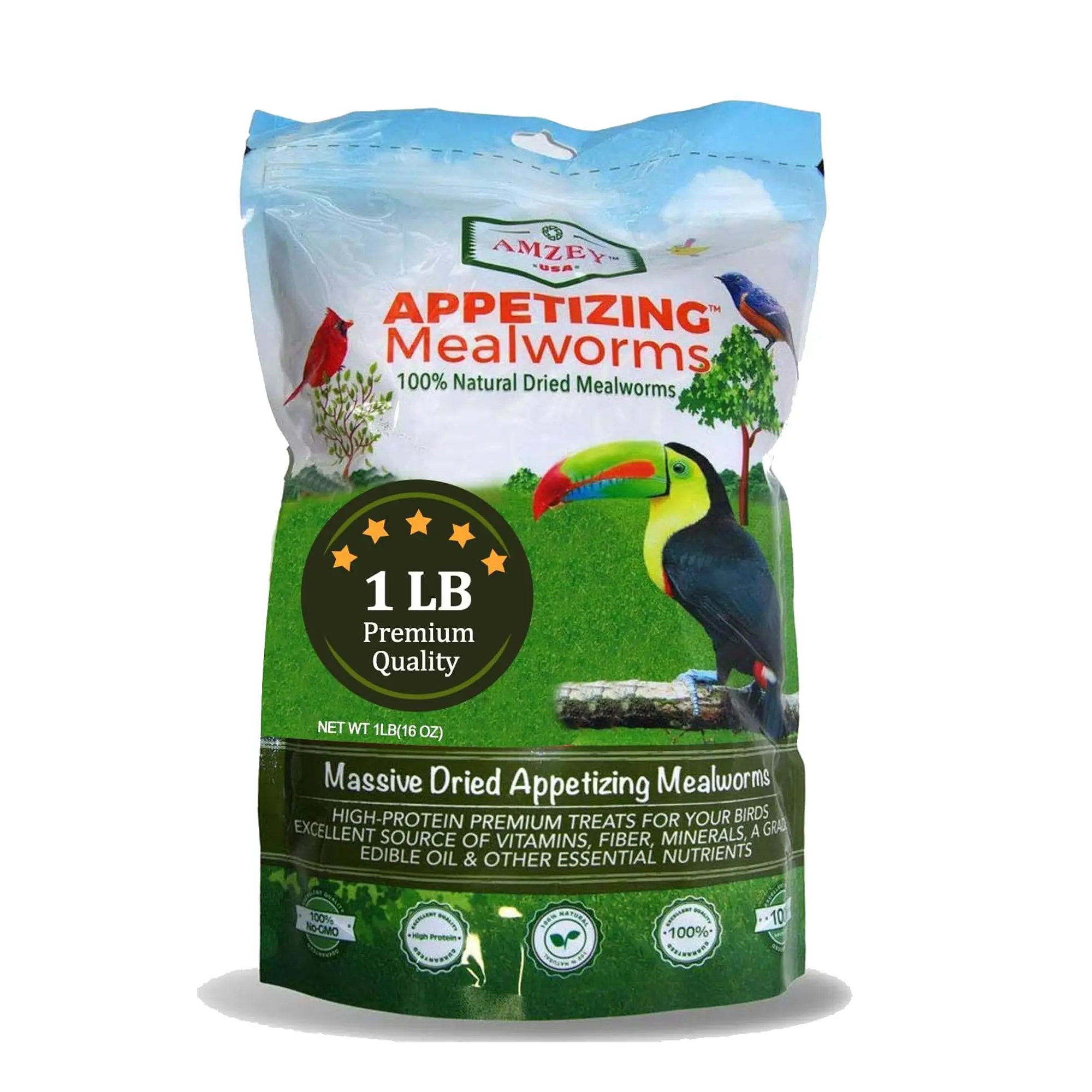 100% Natural Non GMO Dried Mealworms - 1LB High Protein Mealworms for Chicken, Bird, Duck Food, Bearded Dragon Diet, Gecko Food, Turtle Food