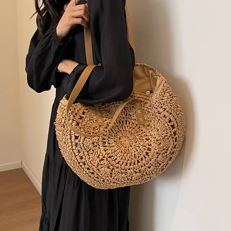 Handmade Circle Straw Totes Bag Hollow Flower Knitted Soft Big Shopping Shoulder Bags