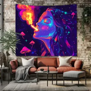 Psychedelic Galaxy Girl Tapestry, Trippy Neon Wall Hanging Tapestry, Cosmic Fantasy Art, Surreal Mushrooms Decor Tapestry, Aesthetic Space Room Gift, 4.17x5 Ft Tapestry