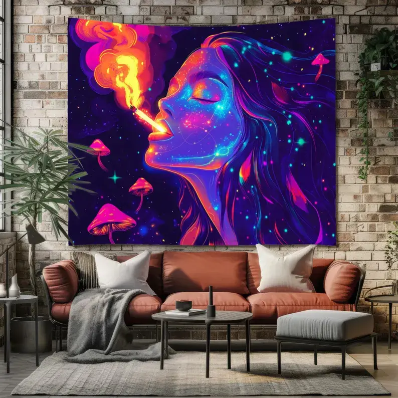 Psychedelic Galaxy Girl Tapestry, Trippy Neon Wall Hanging Tapestry, Cosmic Fantasy Art, Surreal Mushrooms Decor Tapestry, Aesthetic Space Room Gift, 4.17x5 Ft Tapestry outdoorfun