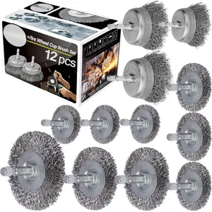 Wire Wheel Cup Brush Set,0.012-Inch Coarse Crimped Carbon Steel,  Wire Brush for Drill,1/4In Hex Shank,Wire Drill Brush Se (12 Pack)