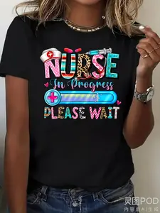 Women's & Men's Plus Size Nurse In Progress Please Wait T-Shirt - Nursing Icons (Stethoscope, Pills, Syringe) Workwear, 220GSM Pure Cotton Casual Round Neck Tee for Aspiring Nurses, Future Nurses, Nursing Students -