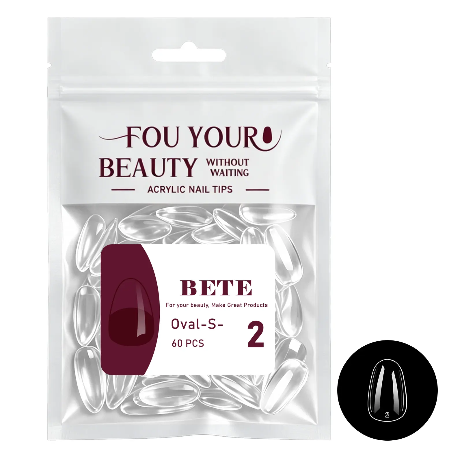 BETE  60/224PCS(S) Oval Nail Tips, Clear Acrylic Full Cover, Pre-Shaped Strong, Extra Thick Press on Nails for DIY Manicure at Home & Salon