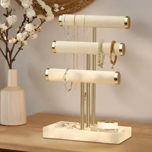 3 Tier Bracelet Holder Display - Detachable T Bar White Velvet Bracelet Holder, Jewelry Holder Organizer for Bracelet, Necklace, Watches, Rings