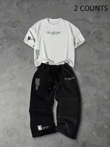 Men's Loose-Fit Casual Letter Print Short Sleeve + Long Pants Set, Street Style Suit, All Seasons, Comfortable and Stylish