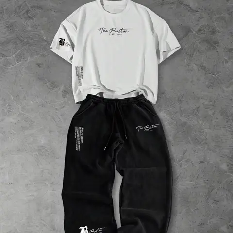 Men's Loose-Fit Casual Letter Print Short Sleeve + Long Pants Set, Street Style Suit, Streetwear, Menswear, All Seasons, Comfortable and Stylish, Casual Clothing Set, Outfit, Top, Clothes, Relaxed Lounge Set