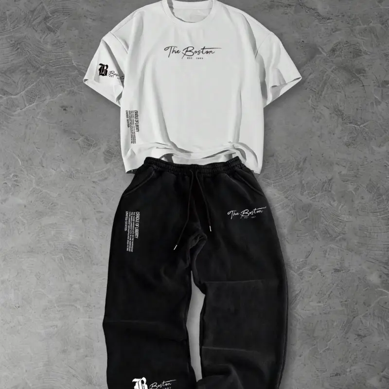 Men's Loose-Fit Casual Letter Print Short Sleeve + Long Pants Set, Street Style Suit, Streetwear, Menswear, All Seasons, Comfortable and Stylish, Casual Clothing Set, Outfit, Top, Clothes, Relaxed Lounge Set