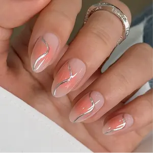 Curvlife medium almond blush Gel Press On Nails striped nude glossy shiny Nail Art 2 Week Wear