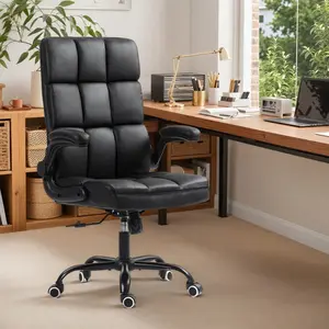 Modern Leather Rolling Office Chair Black - Ergonomic Desk Chair with Wheels, Flip-Up Armrests, Adjustable Executive Type, 330LBS Capacity