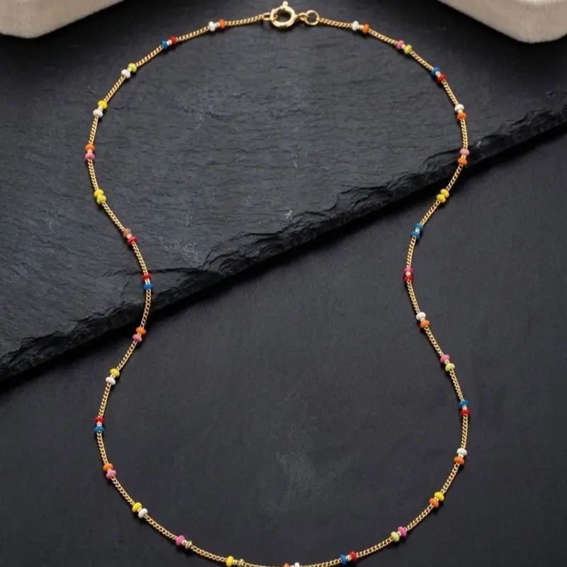 Beautiful Necklace for Daily Use 24" Length with Colorful Beads and Gold Chain