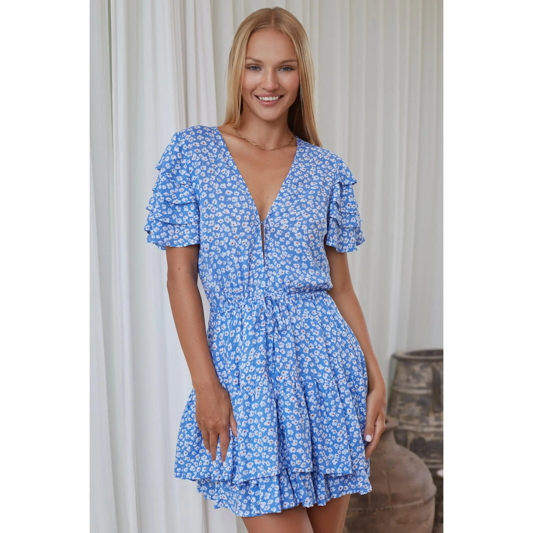 Bonfire Layered Frill Dress - Bluebell