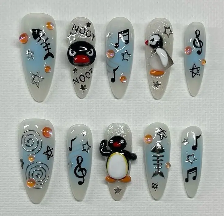 Pingu Press On Nails, Cute Penguin 3D Stiletto Fake Nails, Noot Noot Cartoon Handmade Nail Art, Kawaii Blue Nails with Nail Kit | Free Adhesive Tabs Nail File & Cuticle Stick