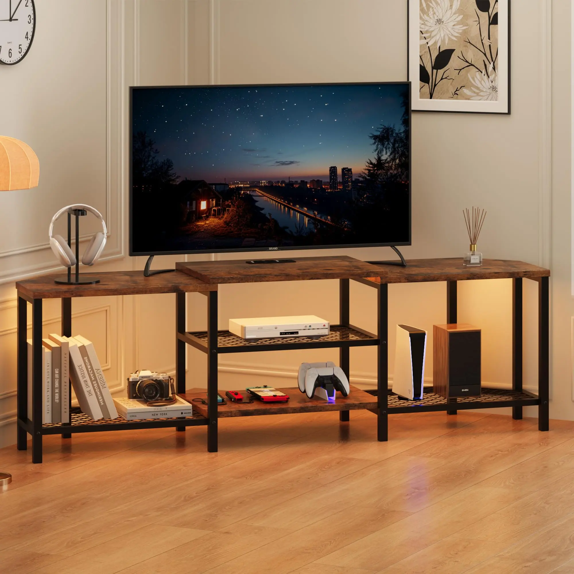 TV Stand Media Console for TVs up to 75 Inch – Corner Entertainment Center w/ Power Outlet & LED Lights for Living Room, Bedroom