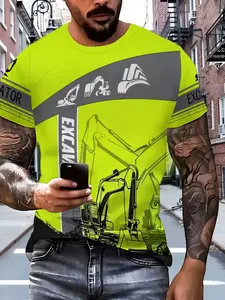 Men's Excavator T-Shirt, 3D Printed Polyester Round Neck Short Sleeve, Loose Fit Breathable Knit Fabric, Casual Outdoor Wear