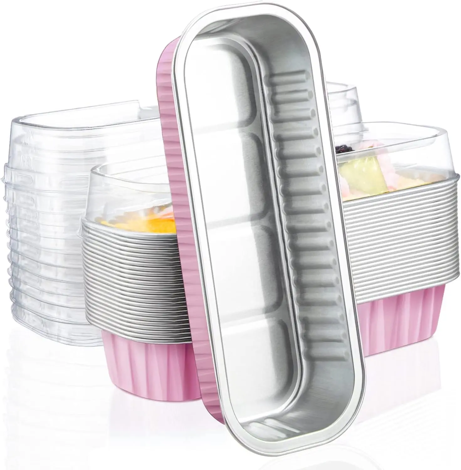 30pcs Rectangular Sturdy Thick Transparent Pink Aluminum Foil Loaf Pans with Lids, 6.8oz (200ml) 6.5"x2.5"x1.2" Smooth Surface Waterproof Oven-Safe Bakeware, Disposable-Reusable for Party Baking Birthday Desserts, Housewarming, Stand‑Up Cups