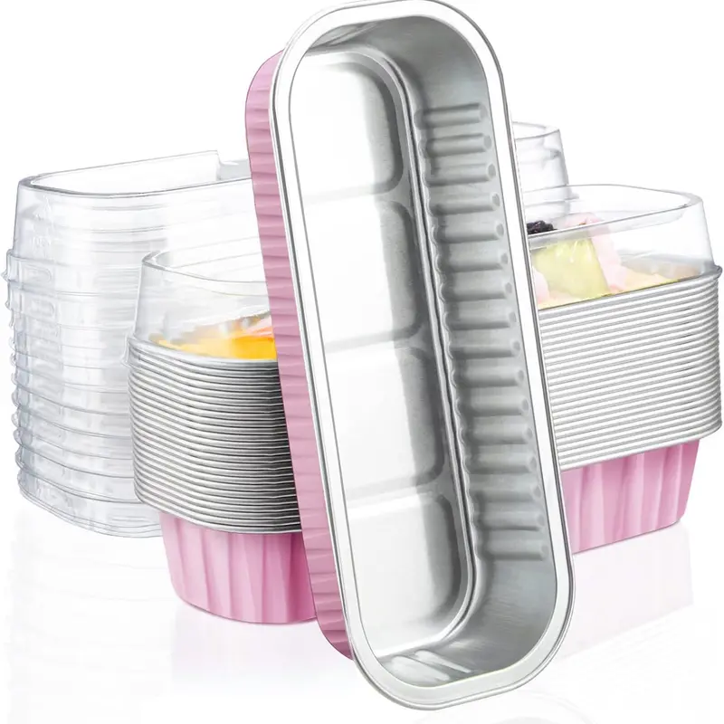 30pcs Blush Pink Rectangular Sturdy Thick Transparent Aluminium Foil Loaf Pans with Lids - 6.8oz(200ml), 6.5"x2.5"x1.2", Oven-Ready Foil, Smooth Surface, Waterproof, Oven-Safe Kitchenware Bakeware Dish for Indoor Birthday Party Baking, Stand-Up Cups Needs