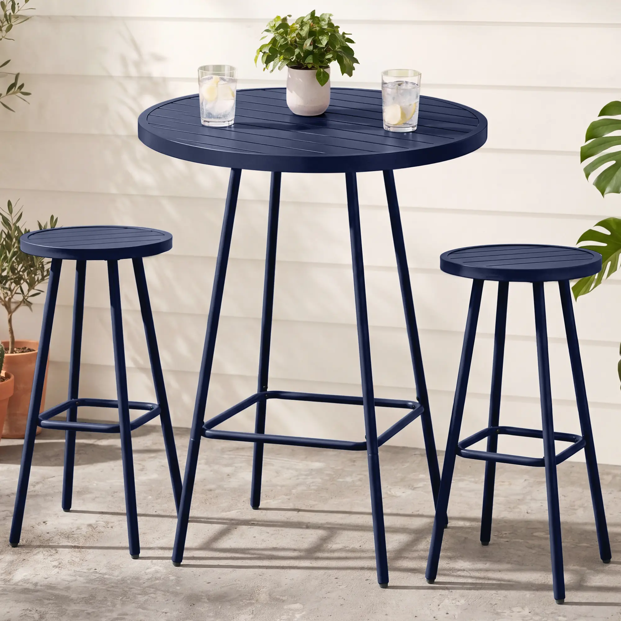 Best Choice Products 3-Piece Steel Patio Bar Height Round Bistro Set w/ Backless Stools, Slatted Design Best Choice Products 3-Piece Steel Patio Bar Height Round Bistro Set w/ Backless Stools, Slatted Design