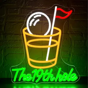 Golf neon sign wall with golf and flagpole design, 19th hole text - plug and play, suitable for manholes, bars, golf courses, parties - easy to install illuminated decoration