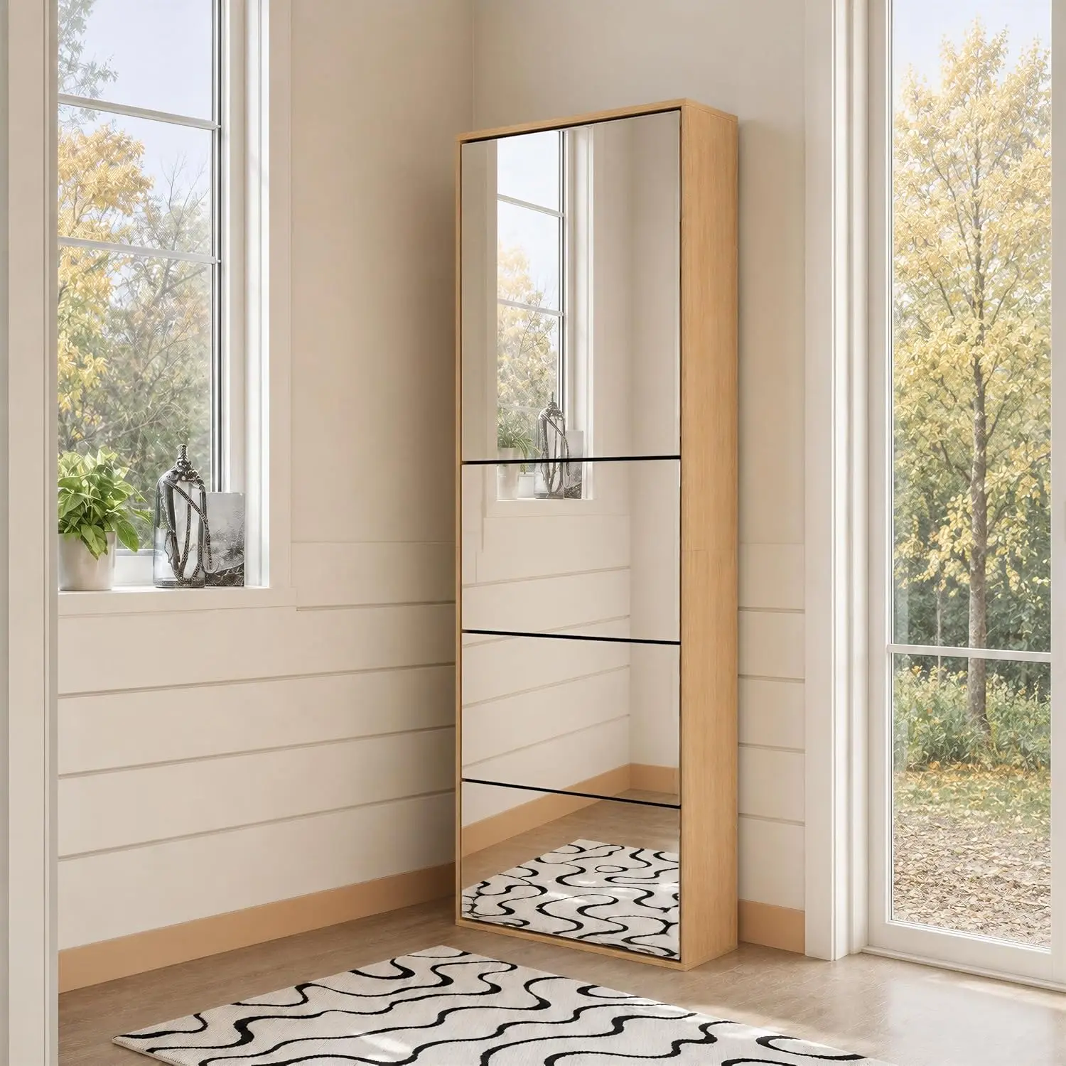 Mirror Shoe Cabinet with 3 Flip Drawers& Storage Cabinet | Shoe Rack Storage Organizer, Entryway Shoe Cabinet for Front Door, Hallway (1 Piece, Natural Oak)