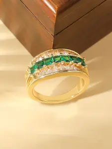 Double Row Colorful Diamond Ring, Vintage Unique Ring, Emerald Ring, Copper Plated Cubic Zirconia Statement Ring, Women's Jewelry Gift