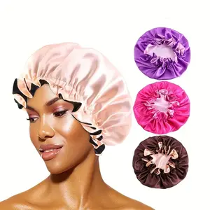 Adjustable 2-Pack 100% Polyester Ruffled Trim Bonnet for Women - Multicolor African Style Hair Care with Double Layer Ruffles Black Rose Red + Navy Purple (2 Pieces)