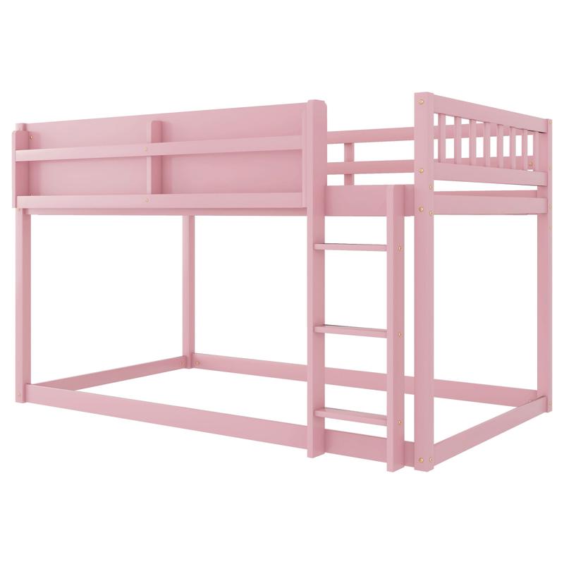 Twin Over Twin Low Bunk Bed, Floor Bunk Bed with Ladder, Solid Wood Twin Bunk Bed Twin Over Twin Low Bunk Bed, Floor Bunk Bed with Ladder, Solid Wood Twin Bunk Bed