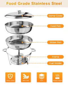 Chafing Dish Buffet Set 4 Pack, 5 QT Round Stainless Steel Chafer and Food Warmers with Food & Water Pan, Lid, Frame, Fuel Holder for Catering, Parties, Events, Wedding, Camping, Dinner