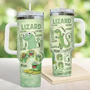 Funny Lizard Doodle Pattern Tumbler 40oz Cute Green Gecko Cartoon Reptile Lover Gift Cup With Handle And Straw
