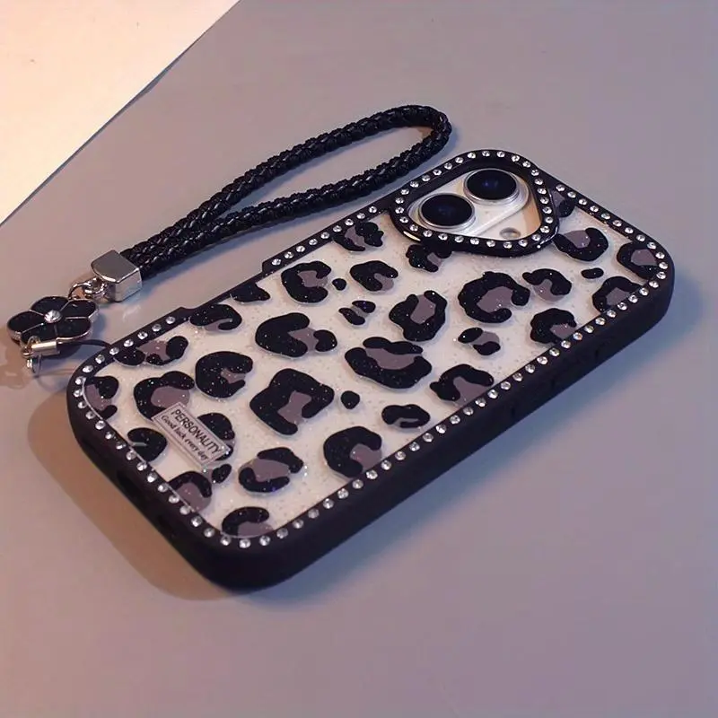 Double-Sided Animal Print Protective TPU Phone Case - Diamond-Embellished Black, Translucent Durable Shockproof Anti-Drop Cover for iPhone 11 to 17 Pro Max, High-End Fashion Accessory for Couples