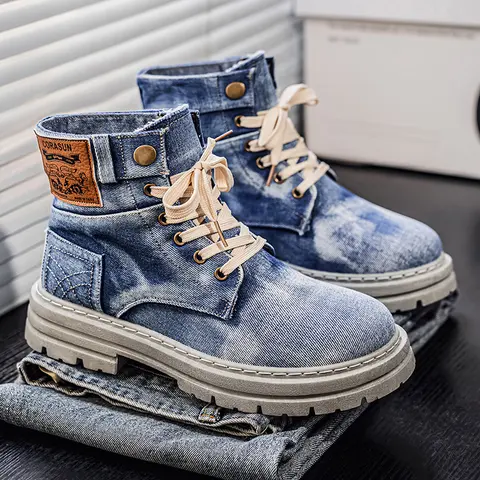 Men's Korean Classic Casual Ankle Boots - Waterproof, Windproof, Antifouling, Stain-Resistant, Thick Sole Adds Height, Thin Strap, Lace-Up, 2 Colors, 2026 Spring New Fabric, Closed Walking Shoes, as1302 - Denim Blue