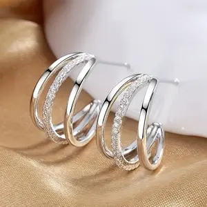 C-shaped three-layer three circle design earrings, inlaid with synthetic zircon, simple and elegant feminine style, ideal for women's holiday gifts