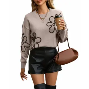 2025 Fashion Women's Round Neck Flower Knitted Sweater Long Sleeve Fit Top Khaki Knitted ClothingGift