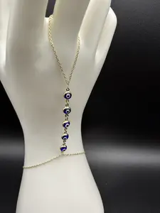 14K Solid Gold Clone Hand Chain Bracelet with Blue Evil Eye 61/2 to 71/2 with Extension.