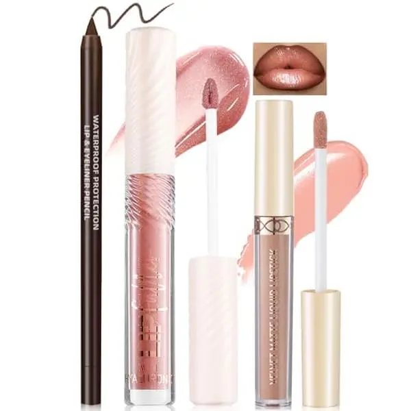 Noerrors 3 in 1 Nude Peach Lip Kit with Beige Liquid Lipstick Hydrating Lip Gloss Liner Trio, Matte Velvet Lip Glaze Moisturizing Lip Gloss and Creamy Lip Pencil Set, Long Wear Glossy Pale Lip Combo
