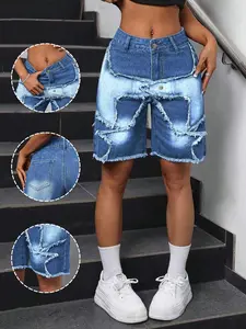 Women's Fashion Design Denim Mid-Thigh Pants, Spring Summer Trendy Chic, Fitted Rhinestone Detail, Button Fly Closure